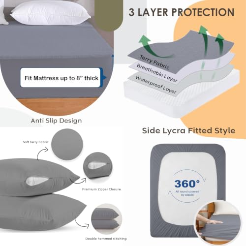 Image of AYKA Combo Pack Waterproof Mattress Protector & 2 Pillow Protectors | King Size 78x72 Inch | 100% Waterproof Terry Bed Protector | Breathable, Noiseless Mattress & Pillow Covers | 6.5 x 6 ft | Grey