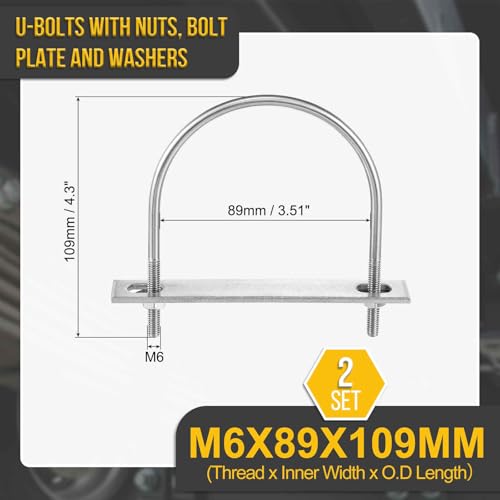 Image of DTGN M6x89x109mm U Bolts Round Kit - 2Set - 304 Stainless Steel U-Bolt Kit with Nuts, Washers, Frame Plate - Good for Pipe, Trailer, Automotive, Leaf Spring Fastener