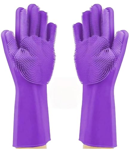 Image of Gloves Magic Silicone Dish Washing Gloves, Silicon Cleaning Gloves, Silicon Hand Gloves for Kitchen Dishwashing and Pet Grooming, Great for Washing Dish, Car, Bathroom (Multicolour, 1 Pair)