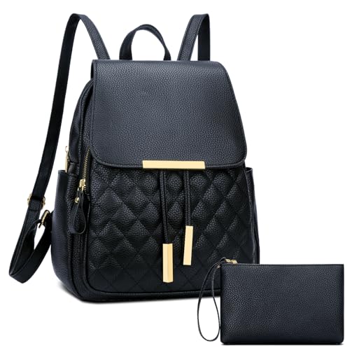 Image of KKXIU Quilted Trendy Leather Backpack Purse for Women and Ladies Shoulder Travel Daypacks Bags with Wristlets(Y-Black)