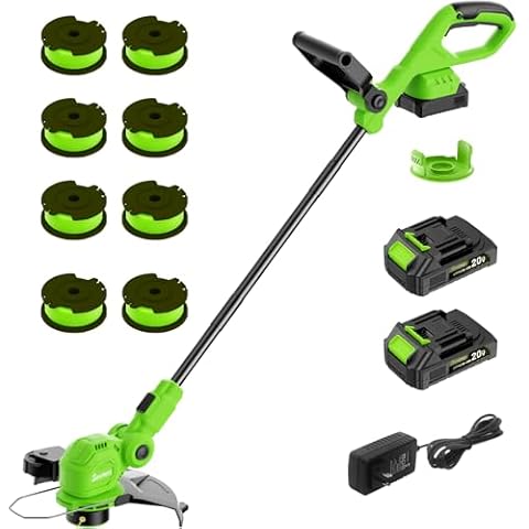 SUNCHERS 12-inch 20V Cordless String Trimmer with Charger, 2 X 2.0Ah Battery Powered Grass Mover with Auto Line Feed, 2 in 1 Lawn Edger with 8 Pcs Grass Cutter Spool Line and 2 Spool Cap, Green Cover