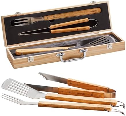 Tower, Wooden T932005 – Set of 4 Barbecue Tools with Storage Box, Handles, Stainless Steel