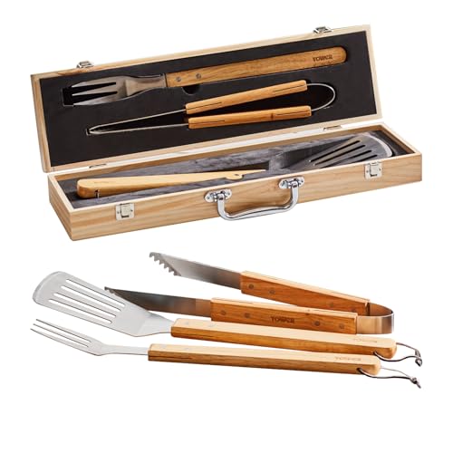 Tower T932005 BBQ 4 Piece Tool Set with Wooden Handles and Carry Case, Stainless Steel