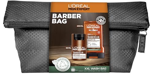 L'Oréal Men Expert Bartpflege-Set für Männer, Geschenkset mit Gesichtscreme, Duschgel und Kulturbeutel, Geschenke für Herren mit Zedernholzöl, Barber Club, 1 x 50 ml, 1 x 250 ml
