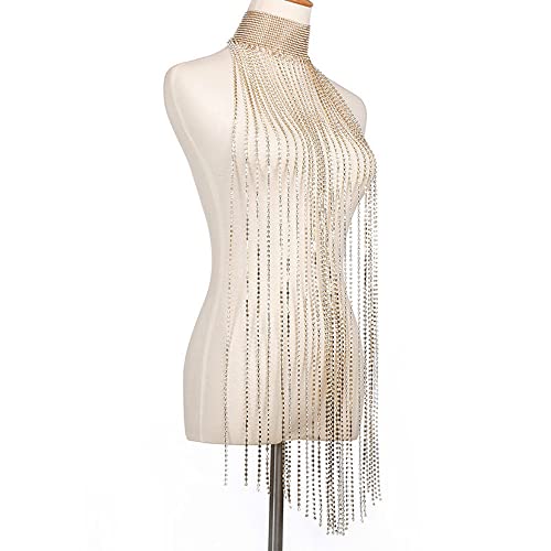 Rhinestone Tassel Body Chain Necklace Sparkly Crystal Lingerie Woman Sexy Nightclub Clothing (Golden)