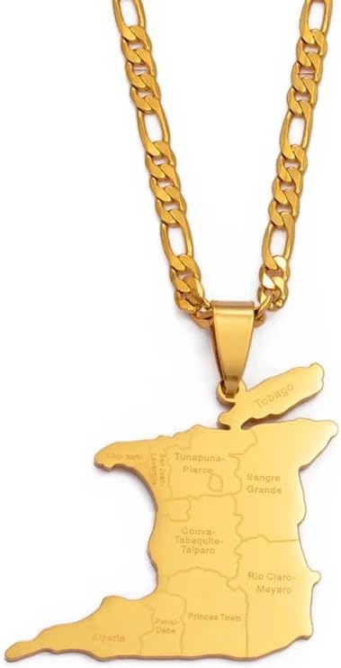 14K Yellow Gold Big Trinidad & Tobago Map Pendant Necklace - Ethnic Trinidad Necklace City Map Pendant Charm Jewelry Gifts For Women Men