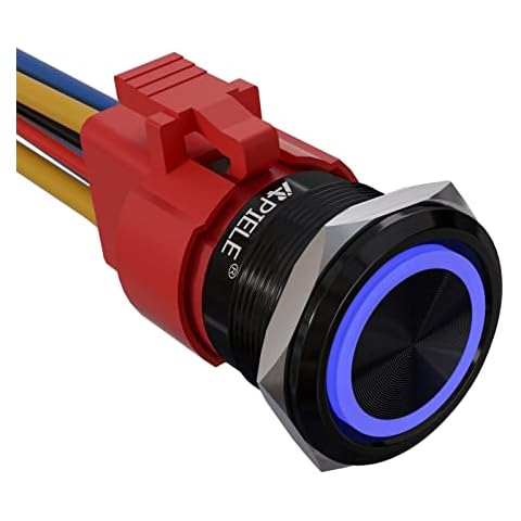 APIELE 10 Amp 22mm Latching Push Button Switch 12V Angel Eye LED Waterproof Aluminum Alloy Round Self-Locking 7/8'' 1NO 1NC 1 Pack (10 Amp/Blue Led) Cover