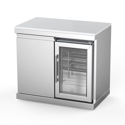 Image of Combo Storage and Refrigerator Cabinet for Outdoor Kitchen, Stainless Steel with 68L Refrigerator and Storage Unit, 0-8C Adjustable Temp & LED Light, Modular BBQ Island Center