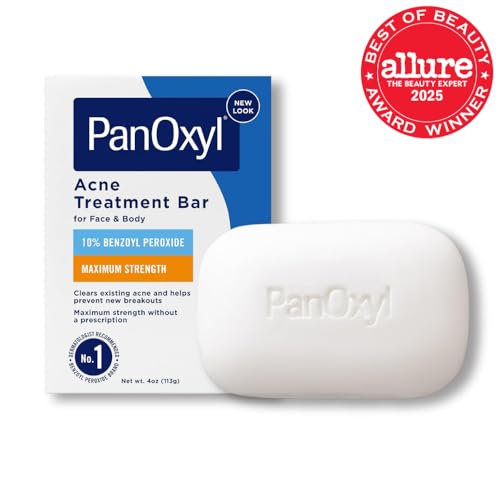 PanOxyl Acne Treatment Bar with 10% Benzoyl Peroxide, Maximum Strength Acne Bar for Face, Chest, and Back, Soap-Free Body Wash, Treats Acne Pimples, Whiteheads, Blackheads, pH Balanced, Vegan, 4 oz