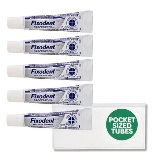 Image of Fixodent Dental Adhesive Cream 10g Pocket Sized Travel Sized Tubes, TSA-Approved Travel Sized Denture Adhesive w/ 1 Travel Zipper Pouch (Pack of 5 Tubes)