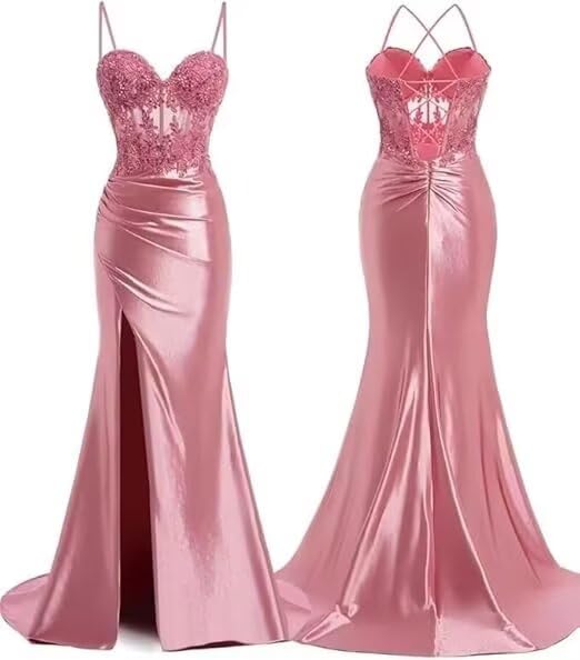 Women's Sweetheart Prom Dresses with Slit Mermaid Spaghetti Straps Lace Satin Formal Gowns4