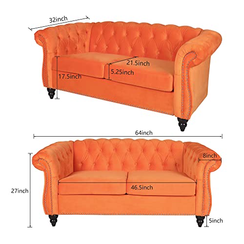 Image of ORRD Chesterfield Loveseat, Modern Velvet Sofa Tufted Couch 2 Seater with Scroll Arms and Nailhead for Living Room, Bedroom, Office, Apartment (Orange)