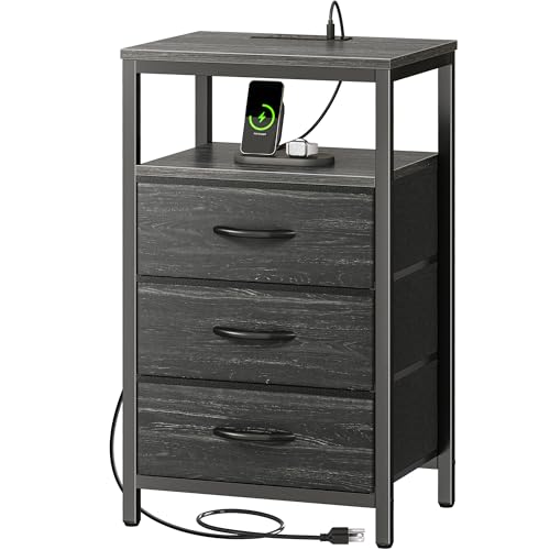 Huuger Nightstand with Charging Station, 27.6 Inch End Table Bedside Table with USB Ports and Outlets, Night Stand for Bedroom, Fabric Drawers, Charcoal Black Wood Grain Print