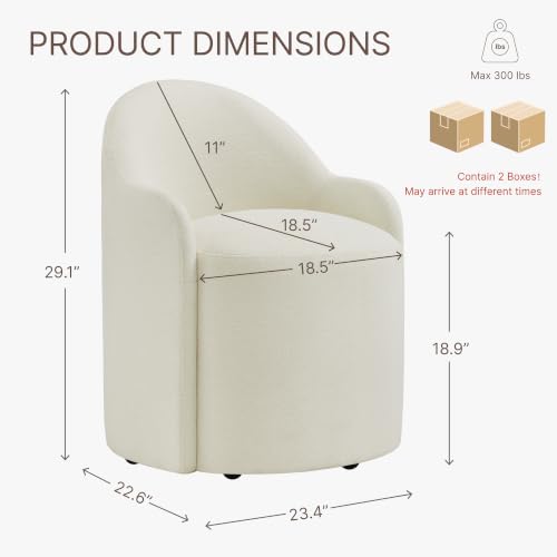 Image of KISLOT Upholstered Dining Chairs with Casters, No Assembly Modern Dining Room Chairs Accent Vanity Chair with 5 Wheels & Round Backrest for Bedroom, Living Room, Dressing, Linen Fabric, Set of 2