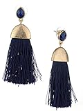 Women's Mini Teardrop Brass Look Cap Thread Tassel Dangle Pierced Earrings, Navy