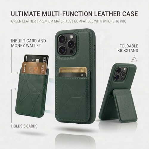 Image of amazon basics Premium Vegan Leather Back Cover with Card Holder and Integrated Mobile Stand for iPhone 16 Pro - Slim Shockproof Wallet Case with Geometric Stitching [Green]