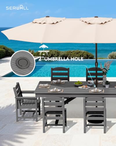 Image of SERWALL 9 Piece 84 inch HDPE Outdoor Dining Set with 6 Armless Chairs, 2 Armchairs and Umbrella Hole for 8, Gray