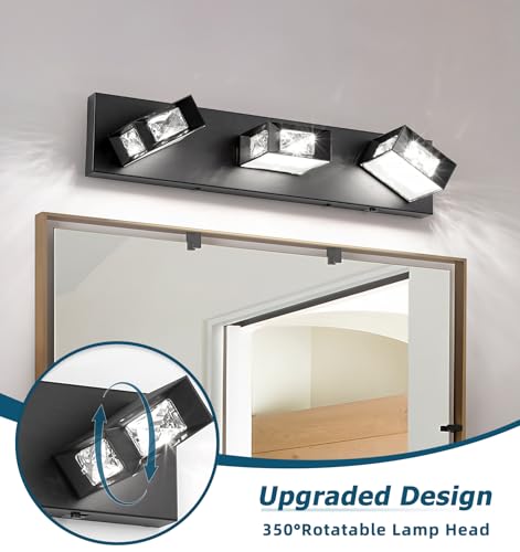 Joossnwell Modern Crystal Vanity Light 3-Light, 5CCT Selectable LED Bathroom Light Fixtures Over Mirror, Dimmable Matte Black Bath Wall Sconce with 350° Rotatable Head, Acrylic Diffuser, 20.5 Inch by Joossnwell - Image 4