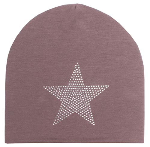 Highlight-Company Leichte Jersey Stern aus Strass Mütze, Beanie Mütze Sommermütze Übergangsmütze (10134) (Coffee)