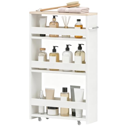 kleankin Chariot de Rangement à 3 Niveaux Chariot de Stockage étagère sur roulettes pour Cuisine étroite Salle de Bain buanderie Bureau avec poignée - 48 x 15 x 80 cm Blanc