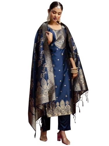 Image of VredeVogel Women's Cotton Silk Blend Zari Work Kurta Pant Set with Jacquard Silk Dupatta | Modern & Traditional Blend Ethnic Wear Set