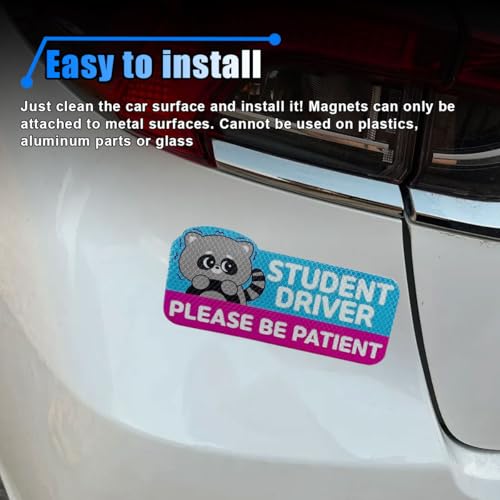 Image of Student Driver Car Magnet, Please Be Patient Reflective Magnetic Sticker, Removable New Driver Magnet Car Bumper Sticker, Cute Cartoon Pattern Safety Warning Sign for New Drivers (Raccoon)