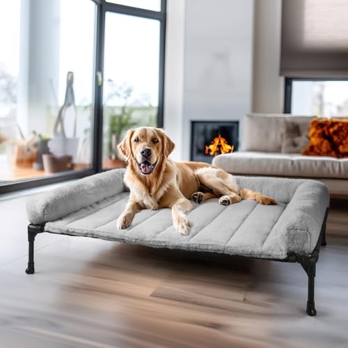 Veehoo Cooling Elevated Dog Bed + Removable Fluffy Plush Pillow Cushion, Raised Dog Bed with Washable Bolster Mat, Breathable Teslin Mesh, No-Slip Feet, 42