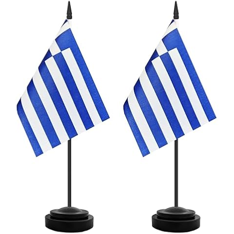 TrendPow 2 Pack Greece Desk Flag, Greek Table Office Flags, Small Miniature Desktop Flag With 12"" Solid Black Pole and Black Base, Classroom, Offices Meeting Desk Decoration (Greece) Cover