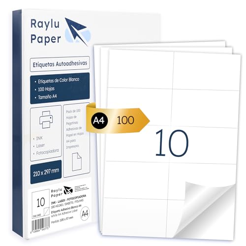 Raylu Paper® - Etiquetas Autoadhesivas A4 Blanco para Imprimir | 100 Hojas de Papel Adhesivo, Compatibles con Impresora Inkjet, Láser y Fotocopiadora | 10 Pegatinas Adhesivas (105 x 57 mm)