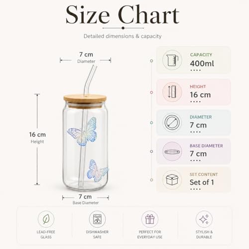 Image of 400ml Sipper Drinking Jar with Bamboo Lid & Glass Straw, Butterfly Printed Mason Jar Cup, Leakproof Reusable Smoothie & Juice Tumbler, Beverage Glass for Home & Office (Pack of 1)