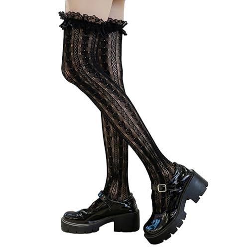 Lace Knee High Stockings, Black Sheer Pattern with Ruffle Trim, Gothic Style