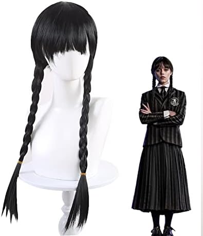 JieJieko Long Black Straight Braided Wig for Wednesday Addams, Wednesday Addams Costume Braids Hair for Kids Girl Halloween Cosplay Party