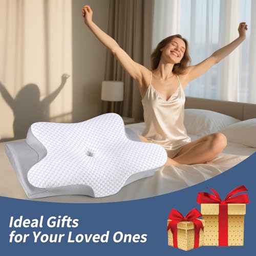 Image of Cervical Neck Pillow for Pain Relief, Ergonomic Contour Pillow, Orthopedic Memory Foam Neck Support Pillow for Side, Back & Stomach Sleepers (Off-White)