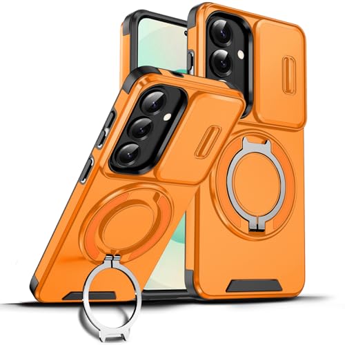 Image of LuxuryKase Shockproof Rugged Case for Samsung Galaxy S26 | Slide Camera Cover | 360 Rotating Ring Kickstand | Military-Grade Protection - Sunset Orange