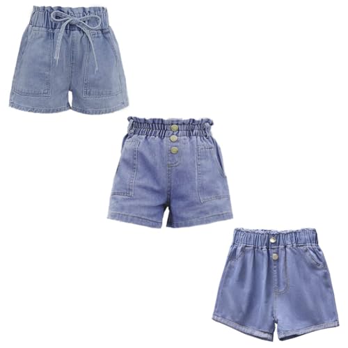 FedMois - FedMois Short de Jean pour Fille, Lot de 3, Cordon de Serrage, Drois Boutons et Deux Boutons, 7-8 Ans