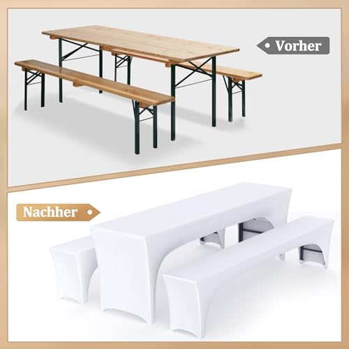 Alishomtll 3er-Set Elastisch Biertischhussen, Stretch Bierzeltgarnitur für 50cm Tischbreite, Bierbankhussen Bankgarnitur für Biertisch und Bierbank Bankett Gartenmöbel-Bezüge, 220x50cm Weiß