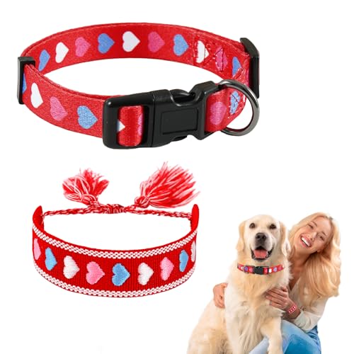 E-Clover Dog Collar & Matching Friendship Bracelet Cute Loving Heart Collar for Dogs for Small Medium Large Dogs Red Pet Collar