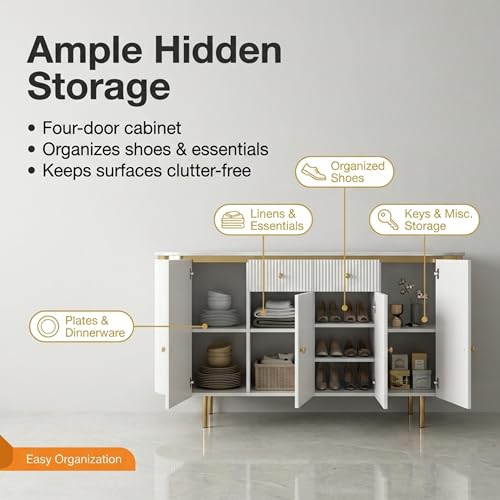 Image of Modern Console Table, 55 x 15 x 30 inch, White Ribbed Design, Marble Top, Gold Accents, 4-Door Storage Cabinet, Waterproof Plywood, PVD-Coated Legs, Elegant Entryway (White)