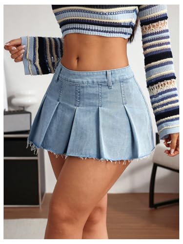 Verdusa Women's Raw Hem Pleated Mini Denim Skirt4