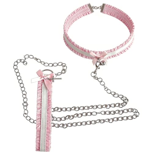 Image of Pink Bow Choker Necklace for Women, Choker Collar for Women with Bell