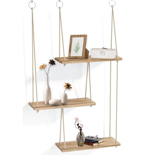 JSUOEO Étagères murales, Étagère de rangement flottante en bois bohème à 3 niveaux avec corde pour décoration murale et suspension de petites plantes...
