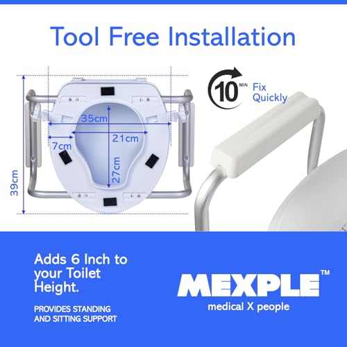 Image of MEXPLE RaiXer6EXT Raised Toilet Seat Raiser with Side Handles | 6 Inch Elevated Toilet Seat for Seniors & Disabled | Commode Raiser with side Safety Arms | Support for Knee, Hip & Recovery Care