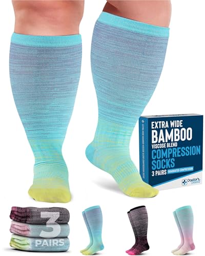 Doctor's Select 3 Pairs Plus Size Compression Socks Wide Calf - Bamboo Viscose Knee High Socks | Circulation Support, Line Patterns - 3 Pairs, XL