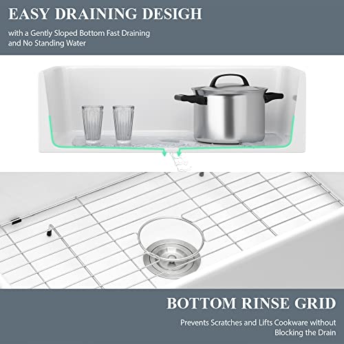 33 White Farm Sink - Donsdey 33"×20" Farmhouse Kitchen Sink Curved Apron Front White Fireclay Ceramic Porcelain Single Bowl Farmer Kitchen Sink Basin #TOP7