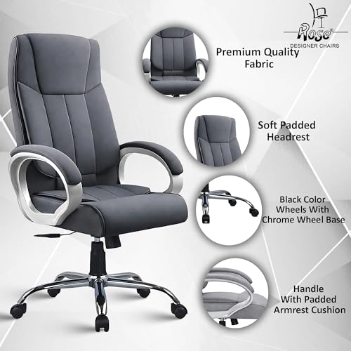 Image of ROSE Kyoto Orthopedic Boss Chair with 3 Years Brand Warranty, Ergonomic Executive Chair Seat, Metallic Base | High Back (Grey, Fabric)