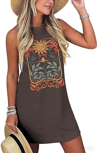 Image of Sun Salt Sand Coconut Tree Tank Mini Dress for Women Sleeveless Beach Praty Shirts Summer Vacation Short Mini Dresses