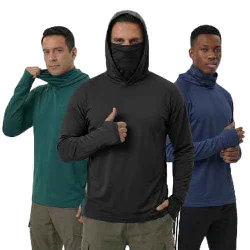 Image of 3-Pack Men's Sun Hoodie with Mask - Quick Dry Compression Fishing Shirts Long Sleeve Outdoor Work Tactical Hiking Gear