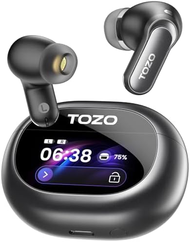 TOZO NC20 Pro Active Noise Cancelling Wireless Earbuds with Smart Touch Screen, LDAC Hi-Res Audio, Stereo Bass, 6 Mics AI Call Ear Buds, 80H Playtime, IPX8 Waterproof, 32 EQ via App, Wireless Charging