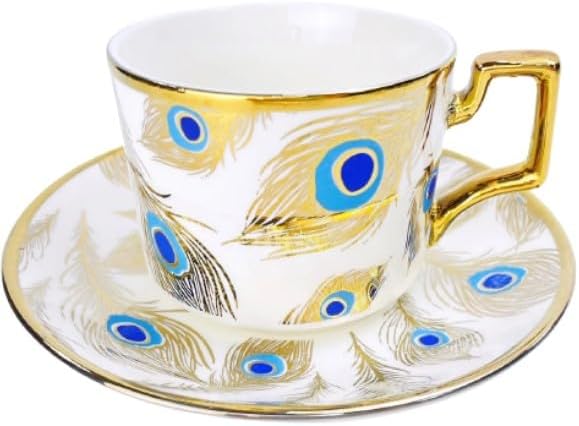 Prestige Kitchen Porcelain Bone China Coffee or Teacup Set of Cups + Saucers (Peacock Feathers)