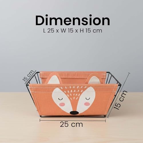 Image of Go Hooked Cute Fox Design Storage Basket for Kids | Strong Metal Wire Organizer with Detachable Fabric Liner | Multipurpose Basket for Toys, Fruits, Snacks, Bathroom, Wardrobe & Home Decor